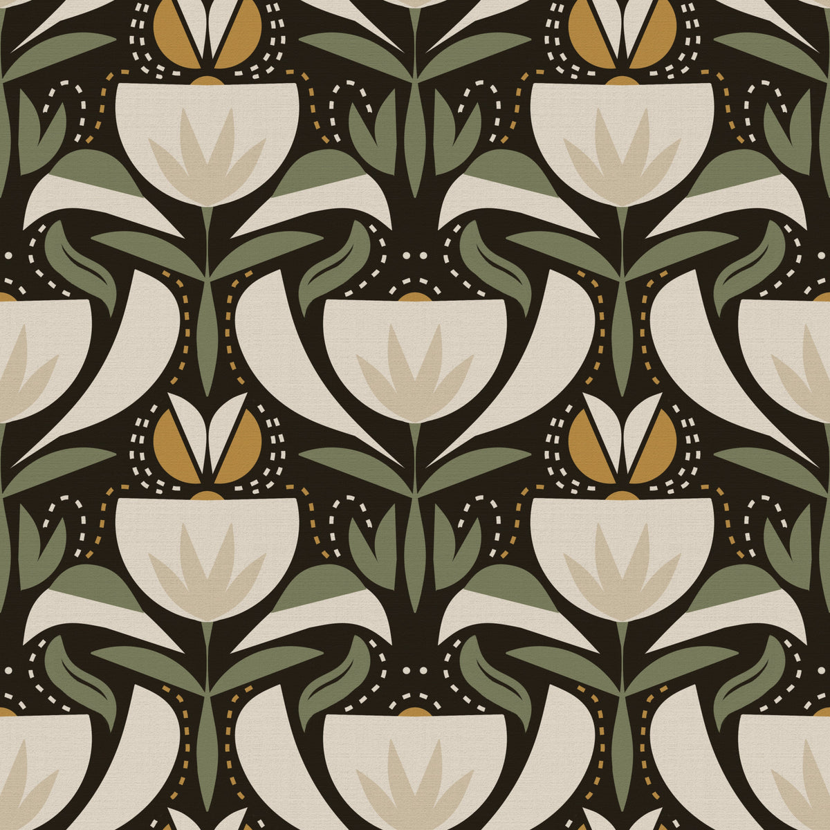 Scandinavian Folk Art Floral Garden – Earthy Botanical Pattern with Sage Green Leaves, Cream Flowers and Mustard Gold Accents – Symmetrical Vintage Nature Design  Wallpaper⁠ in your room — zoomed