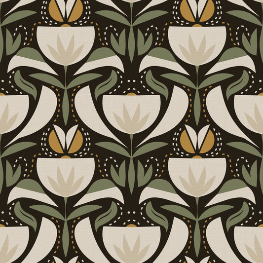 Scandinavian Folk Art Floral Garden – Earthy Botanical Pattern with Sage Green Leaves, Cream Flowers and Mustard Gold Accents – Symmetrical Vintage Nature Design  Wallpaper⁠