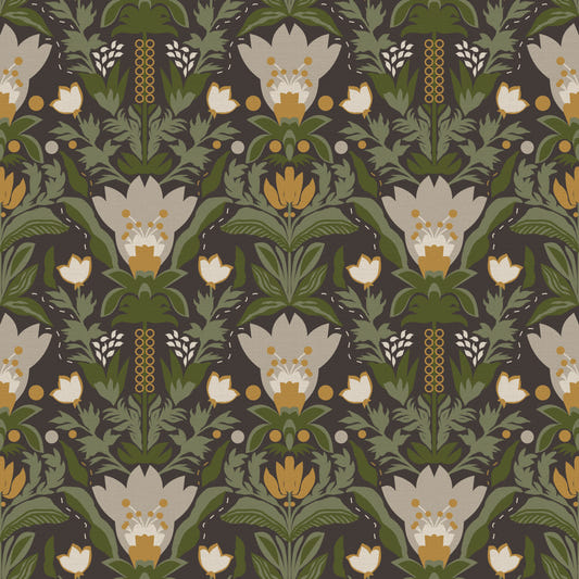 Scandinavian Folk Art Floral Garden – Earthy Botanical Pattern with Sage Green Leaves, Cream Flowers and Mustard Gold Accents on Dark Brown  Wallpaper⁠