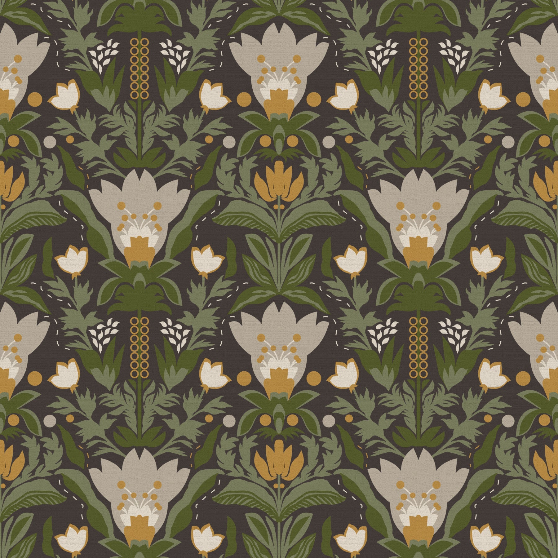 Scandinavian Folk Art Floral Garden – Earthy Botanical Pattern with Sage Green Leaves, Cream Flowers and Mustard Gold Accents on Dark Brown  Wallpaper⁠
