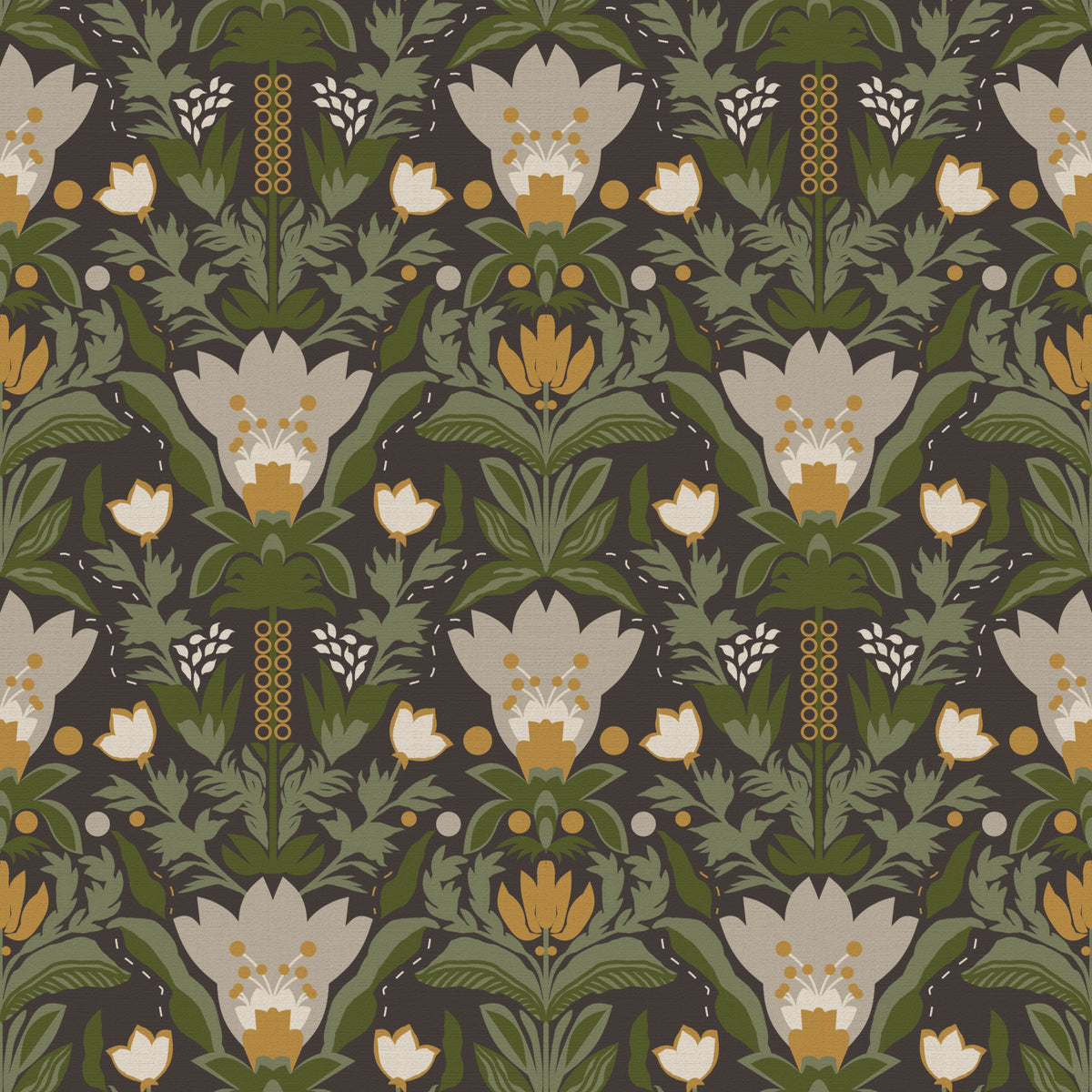 Scandinavian Folk Art Floral Garden – Earthy Botanical Pattern with Sage Green Leaves, Cream Flowers and Mustard Gold Accents on Dark Brown  Wallpaper⁠ in your room — zoomed