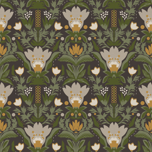 Scandinavian Folk Art Floral Garden – Earthy Botanical Pattern with Sage Green Leaves, Cream Flowers and Mustard Gold Accents on Dark Brown  Wallpaper⁠
