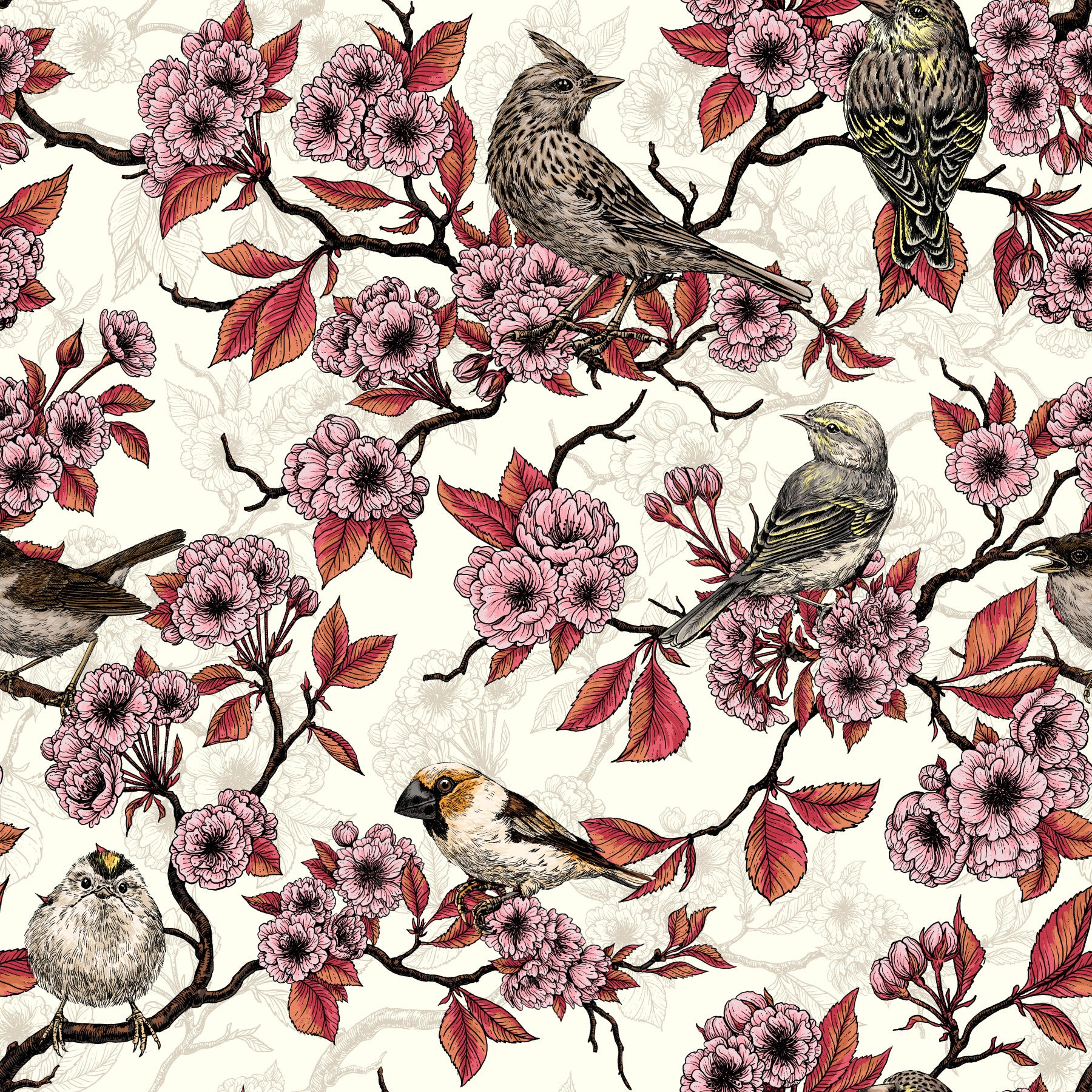 Birds and cherry blossom on ivory Wallpaper⁠