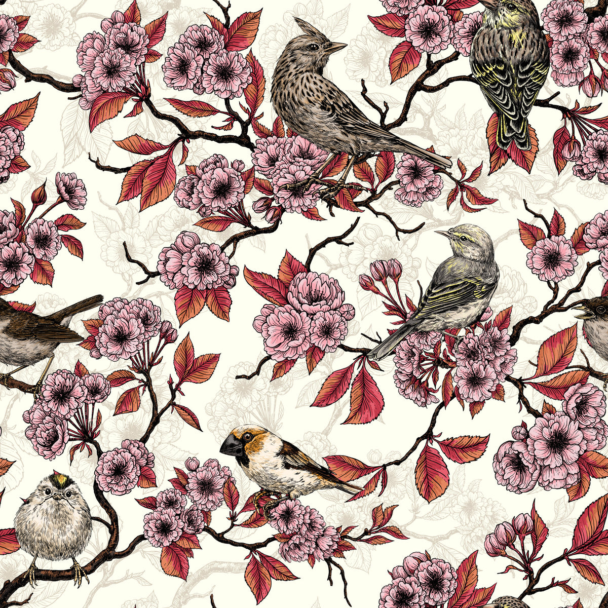 Birds and cherry blossom on ivory Wallpaper⁠ in your room — zoomed