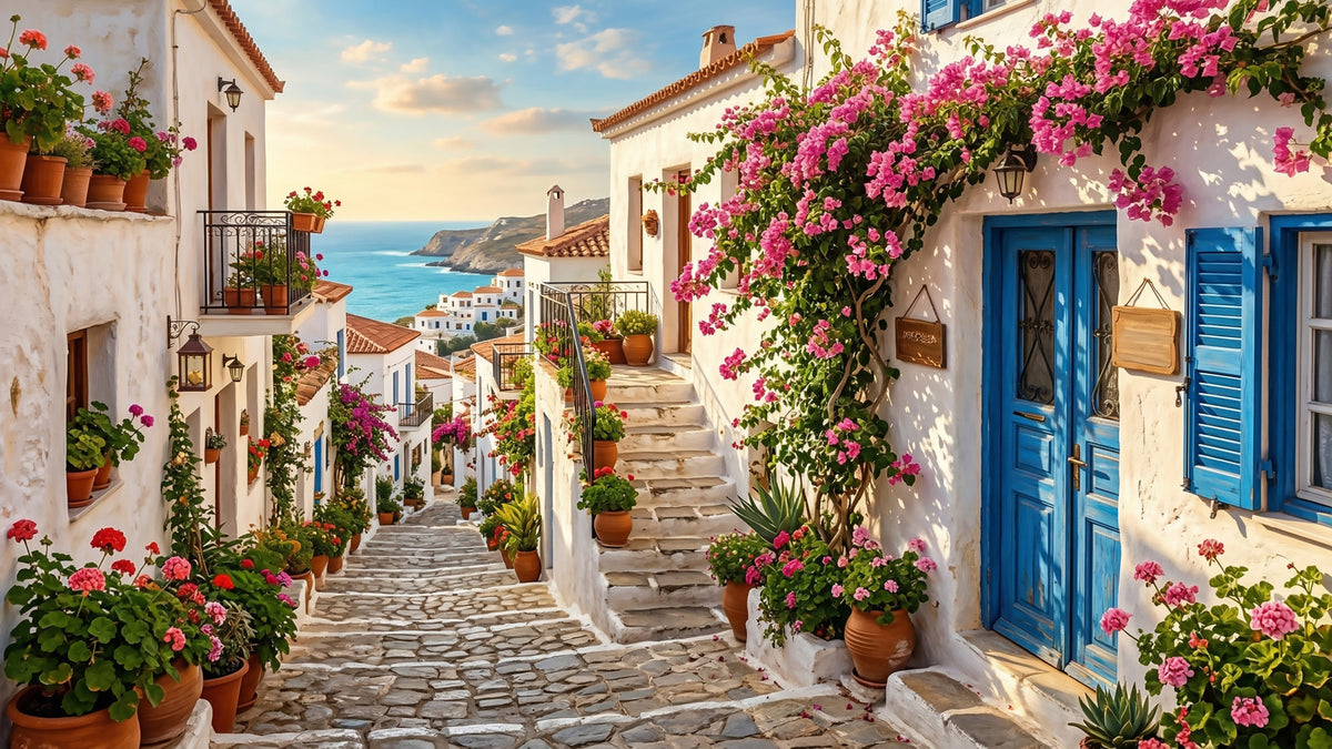 Bougainvillea Steps to the Aegean Wall Mural in your room — zoomed