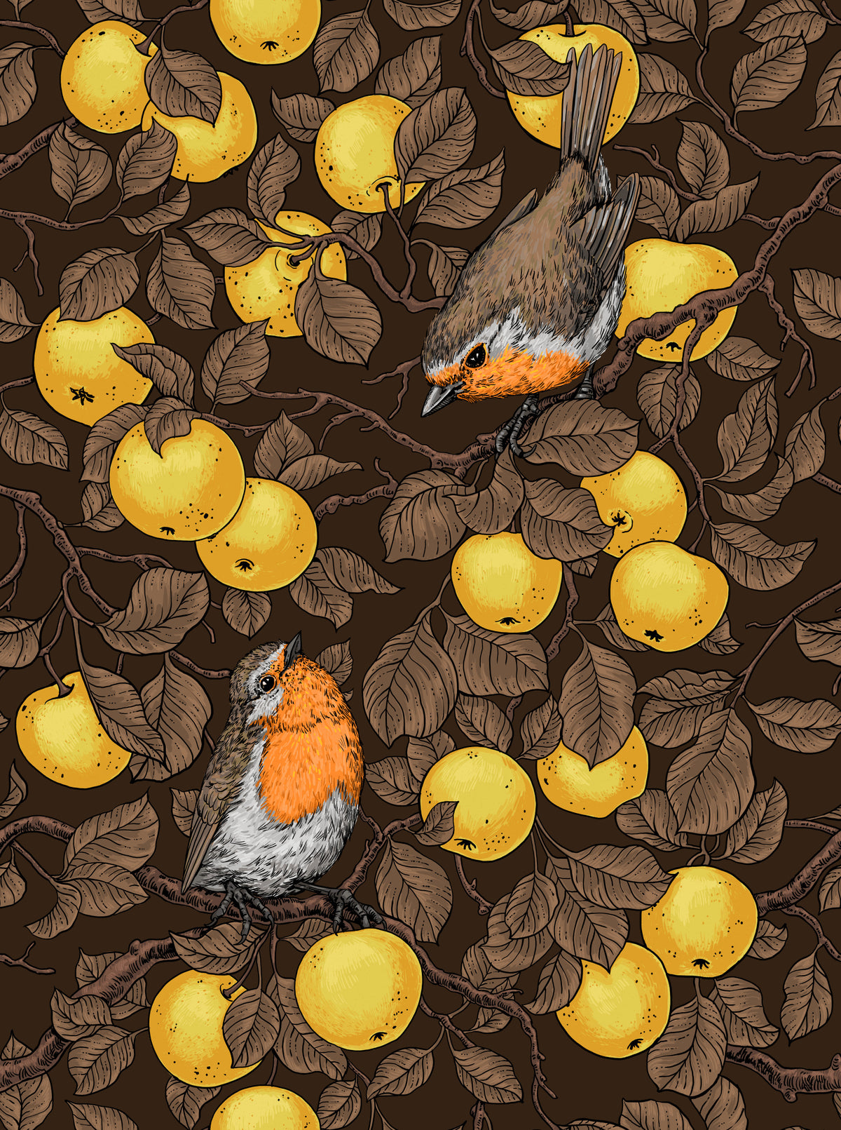 Robins in the apple tree yellow and dark brown Wallpaper⁠ in your room — zoomed