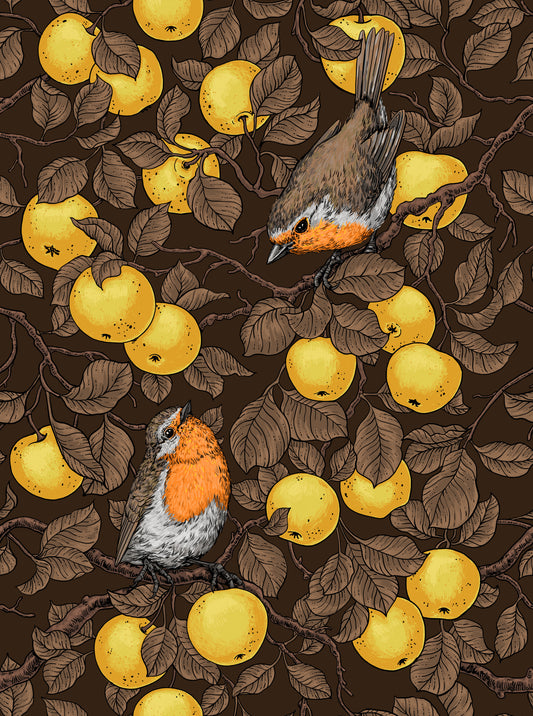 Robins in the apple tree yellow and dark brown Wallpaper⁠