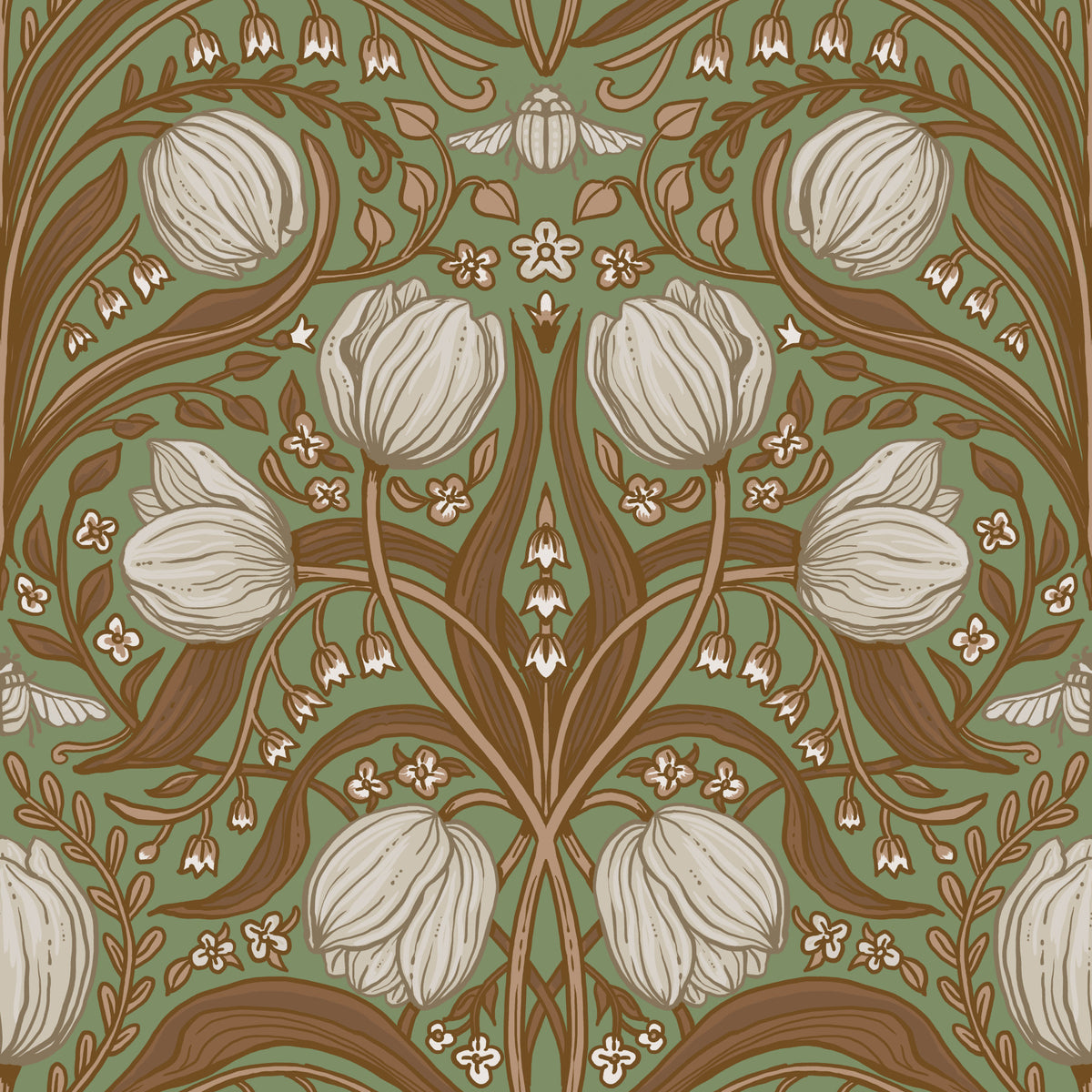Retro Nouveau Tulips in sage and brown Wallpaper⁠ in your room — zoomed