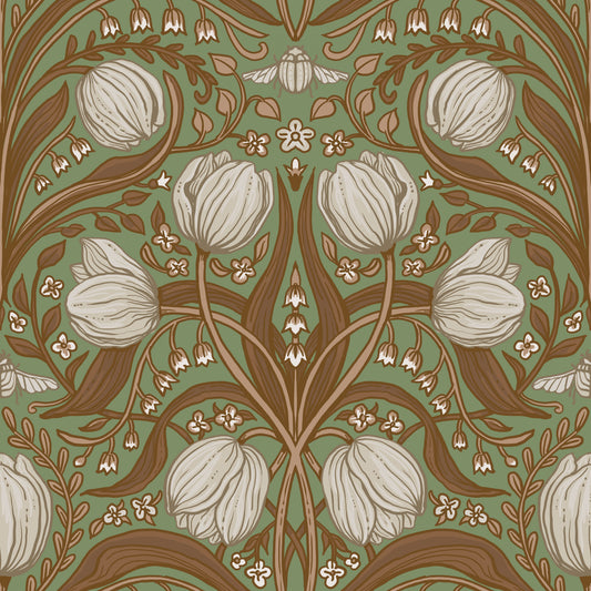 Retro Nouveau Tulips in sage and brown Wallpaper⁠
