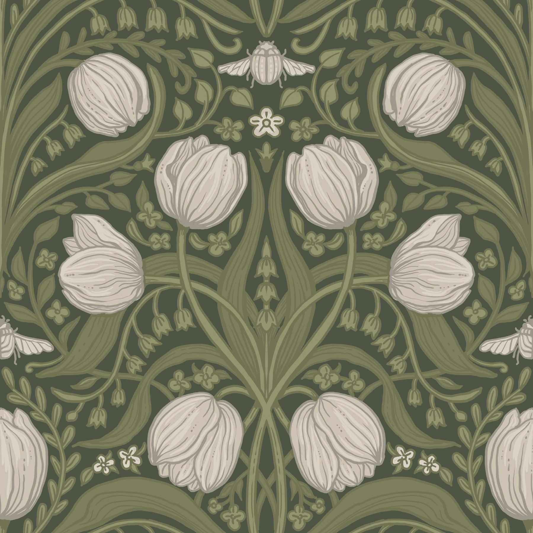 Retro Nouveau Tulips in orange and teal Wallpaper⁠