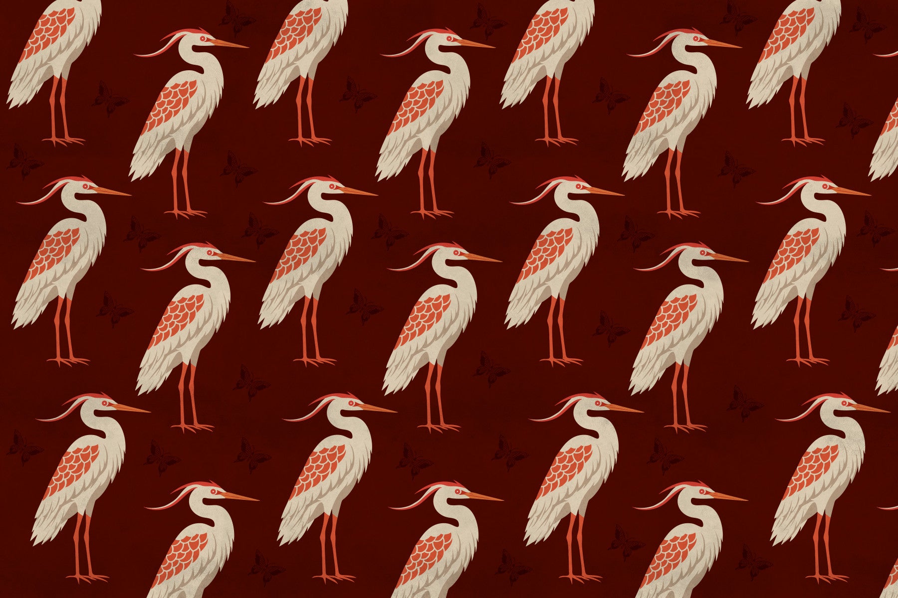 Burgundy Heron & Butterflies Wall Mural