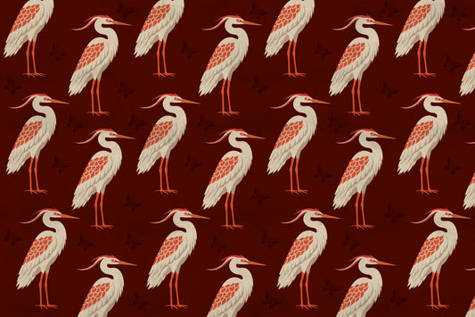 Burgundy Heron & Butterflies Wall Mural