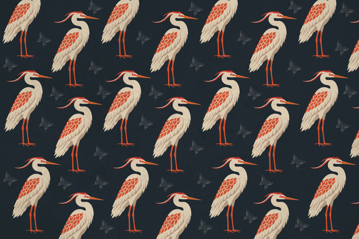 Navy Heron & Butterflies Wall Mural in your room — zoomed