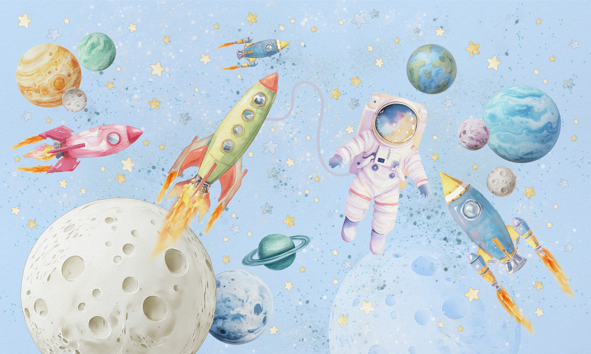 Watercolor Space Adventure Light Blue Wall Mural in your room — zoomed