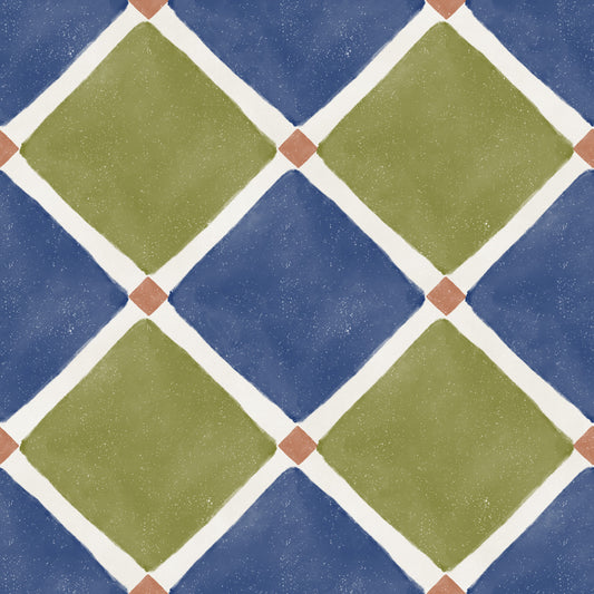 Mediterranean Rustic Checkerboard Aged Decoration - Blue - Olive Wallpaper⁠