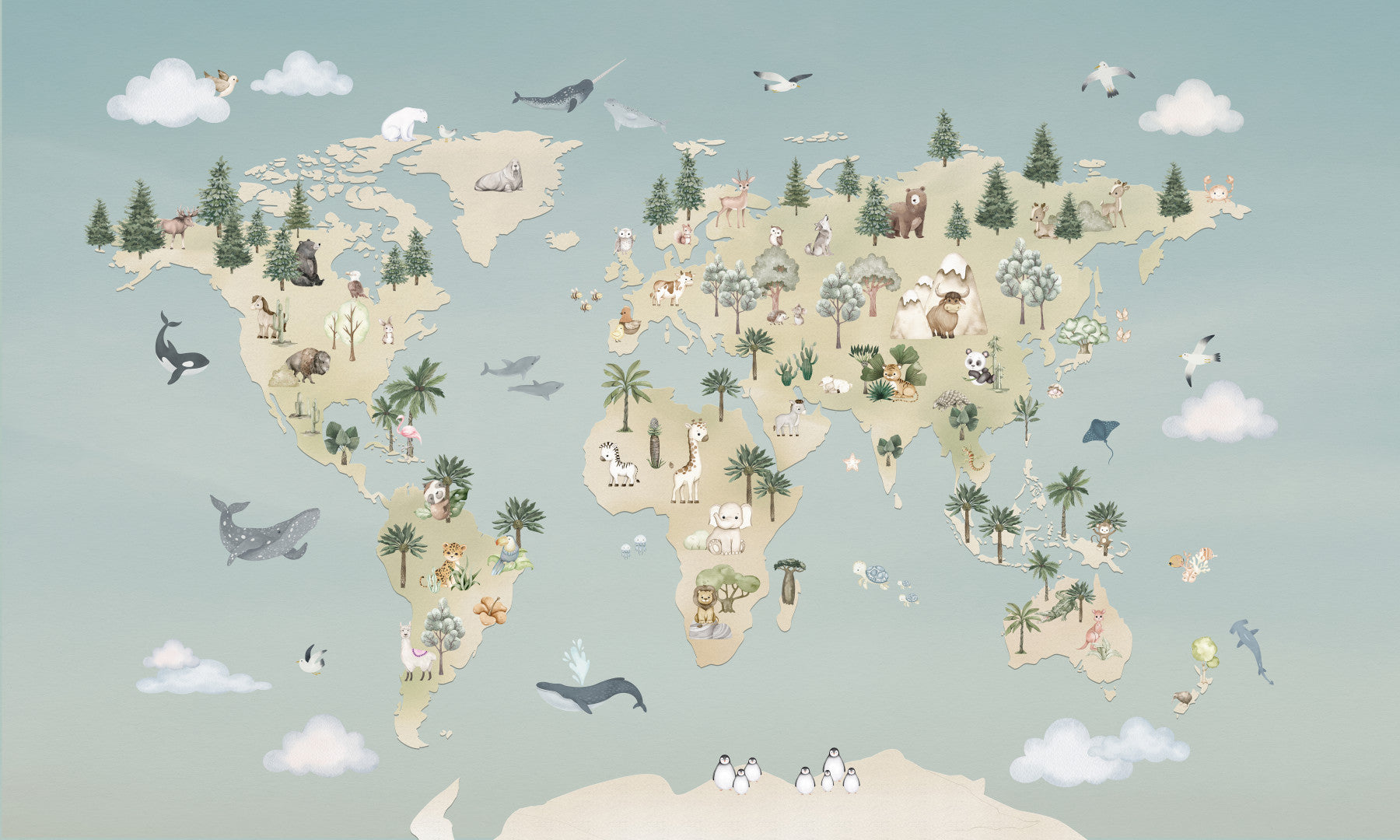 Animal Atlas Blue Wall Mural in your room — zoomed