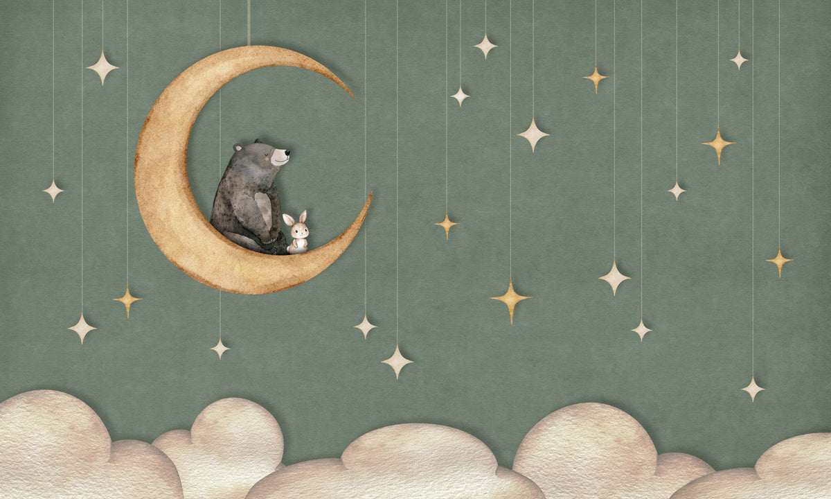 Bear on The Moon Green Wall Mural in your room — zoomed