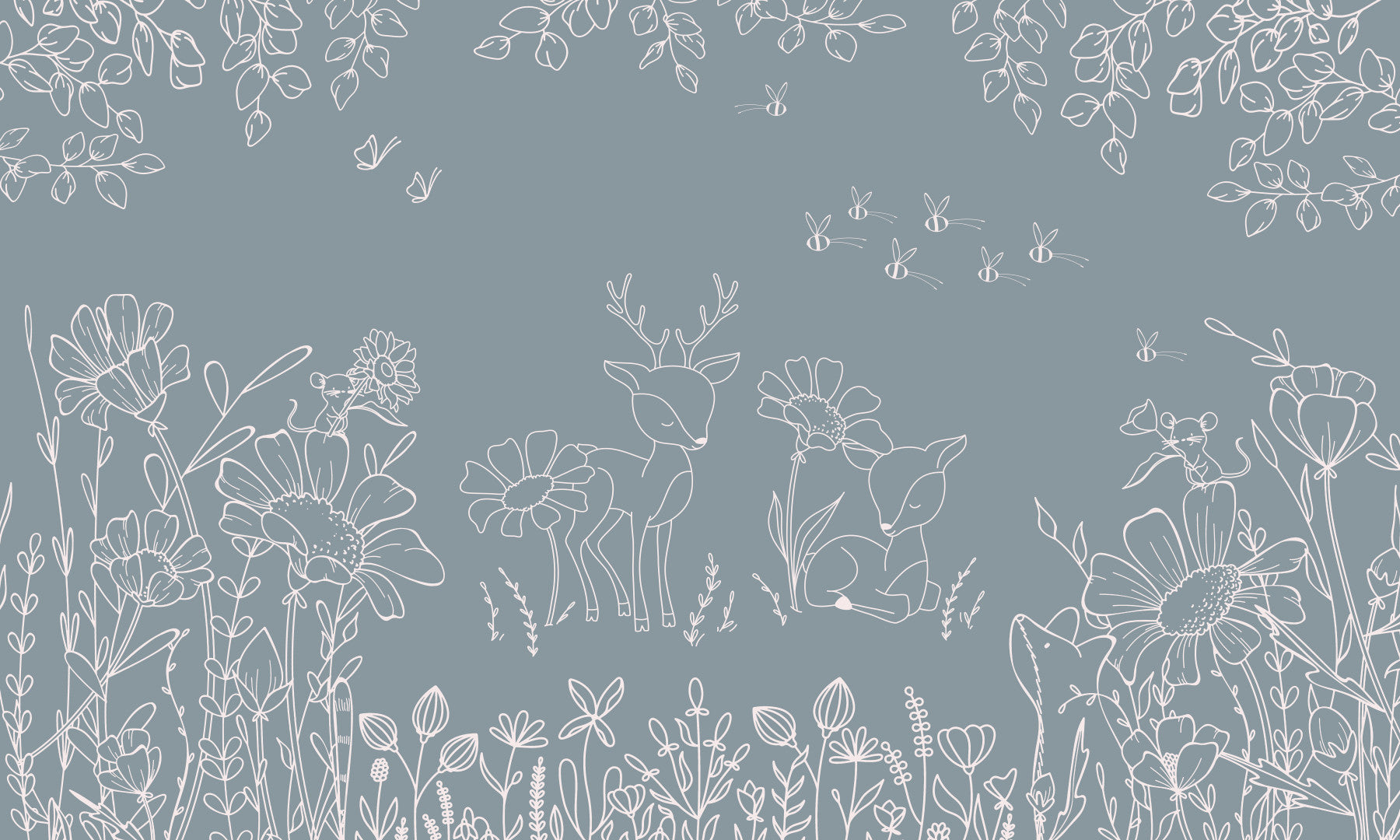 Deer Doodles Blue Wall Mural