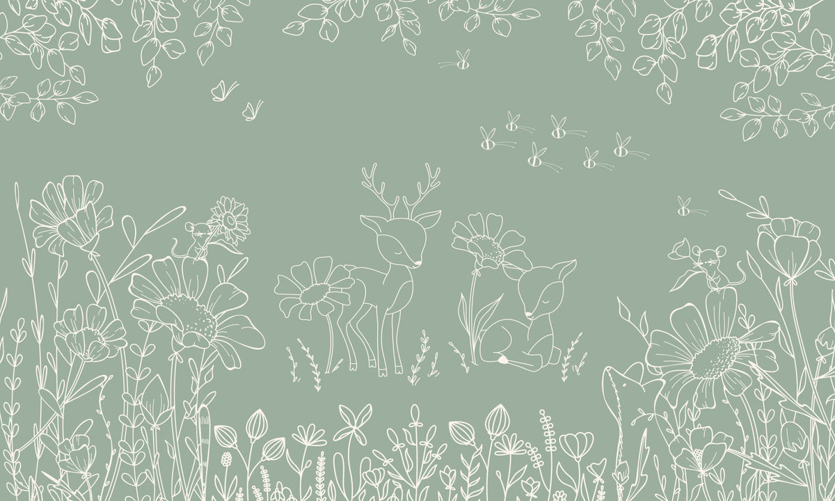 Deer Doodles Green Wall Mural in your room — zoomed