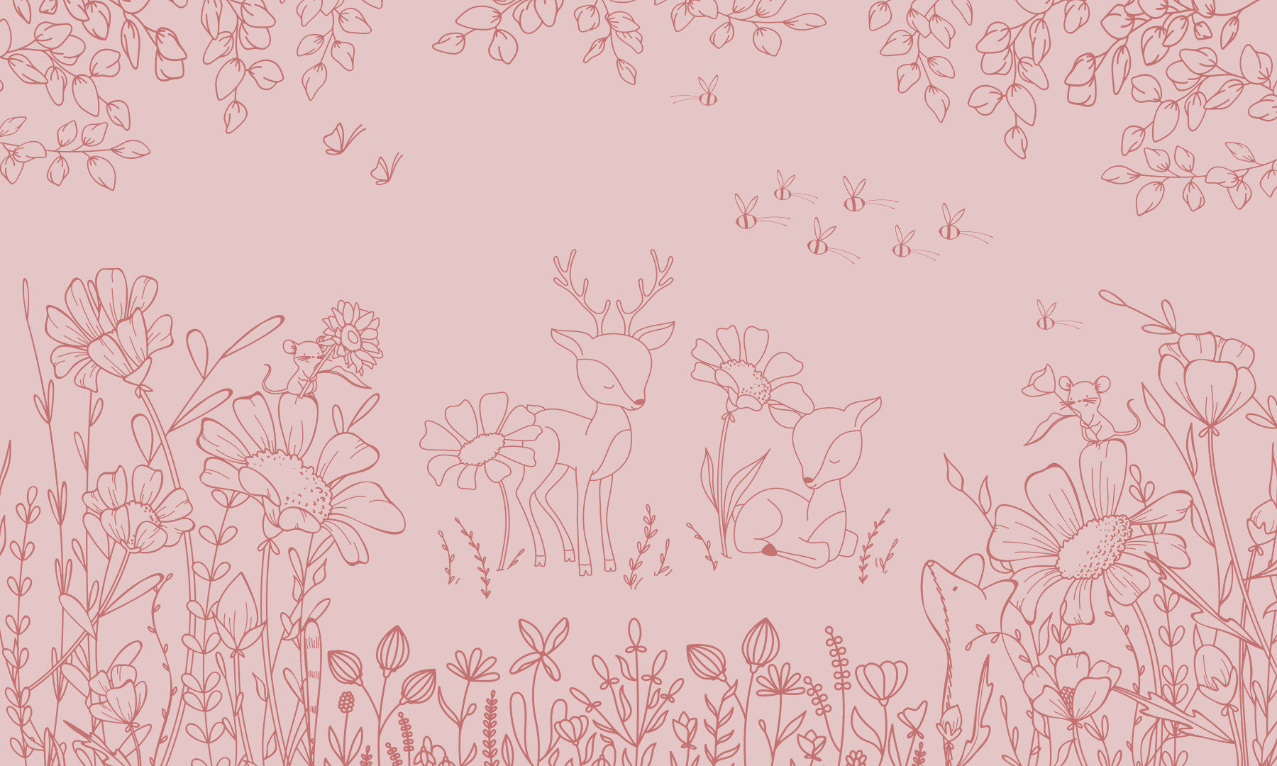 Deer Doodles Pink Dark Wall Mural