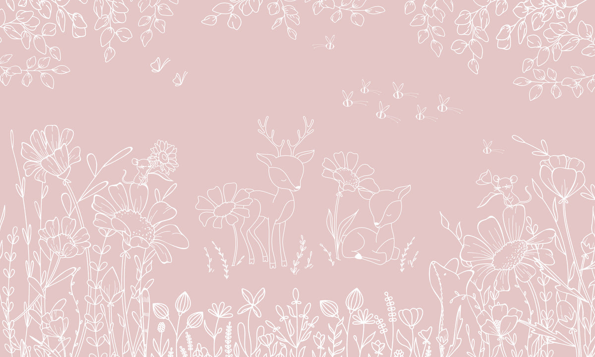 Deer Doodles Pink Wall Mural in your room — zoomed