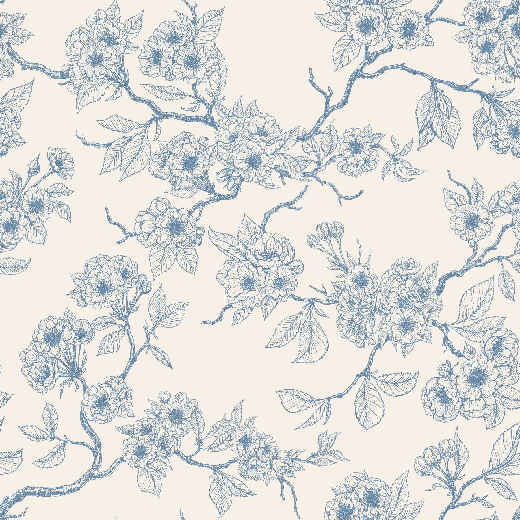Chery blossom branches in blue and off white Wallpaper⁠