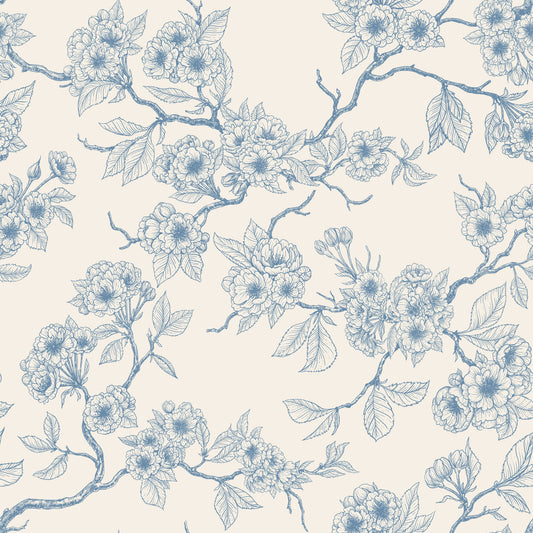 Chery blossom branches in blue and off white Wallpaper⁠