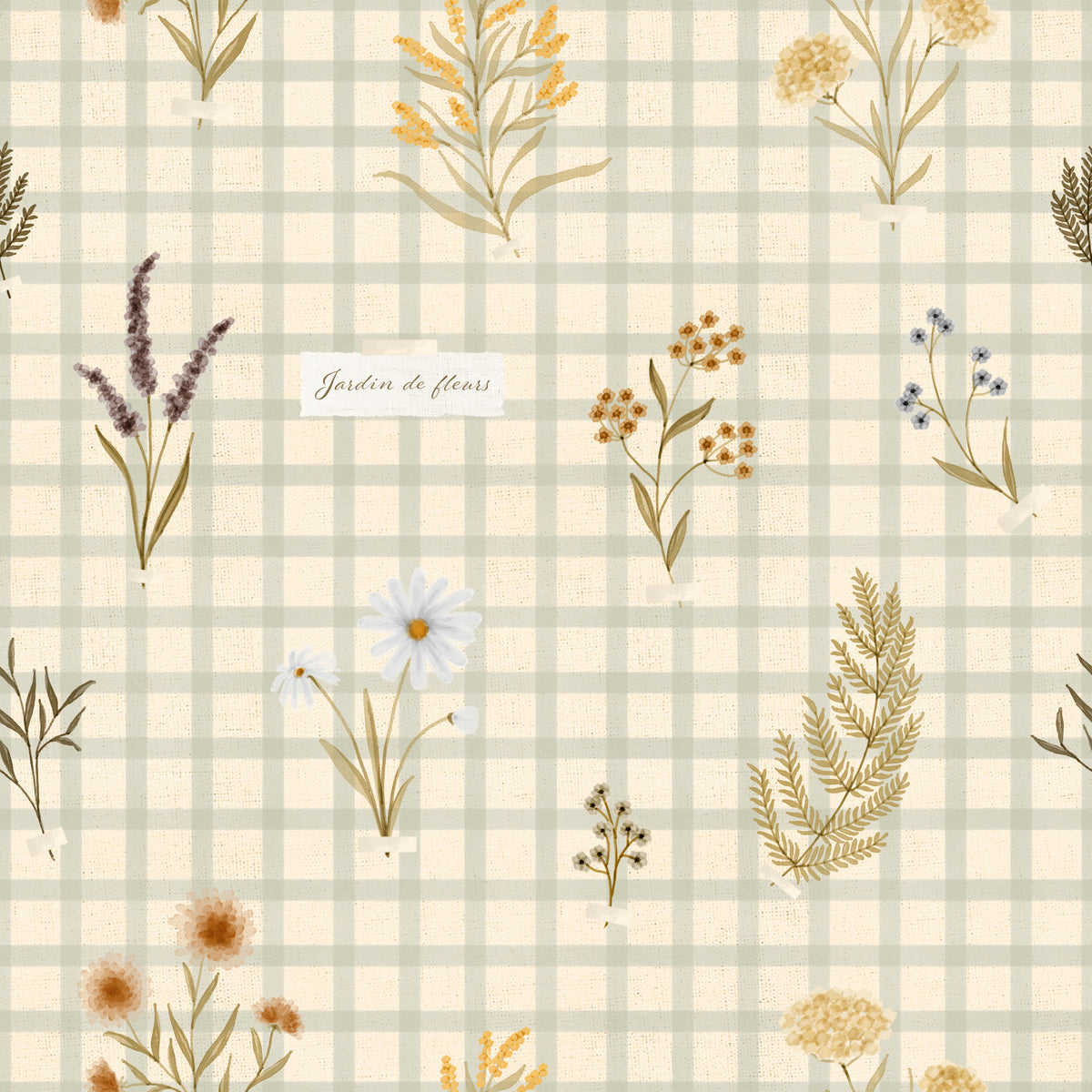 Jardin des Fleurs Wildflowers On Gingham Wallpaper⁠ in your room — zoomed