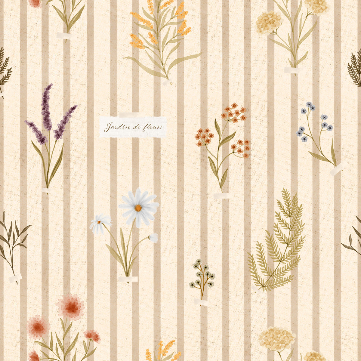 Jardin des Fleurs Wildflowers On Stripes Wallpaper⁠ in your room — zoomed