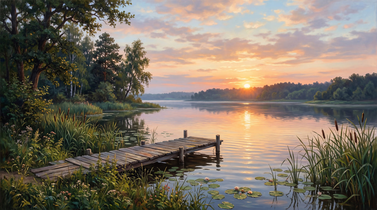 Golden Hour Lake Serenity Wall Mural in your room — zoomed
