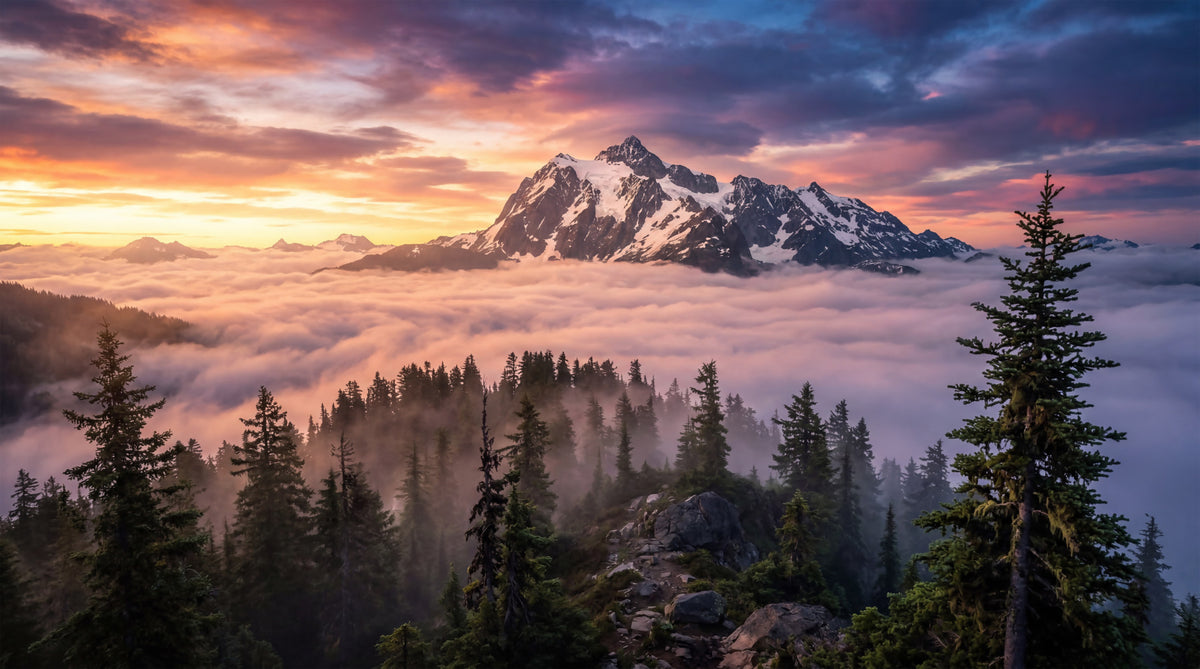 Sunset Peak Serenity Wall Mural in your room — zoomed