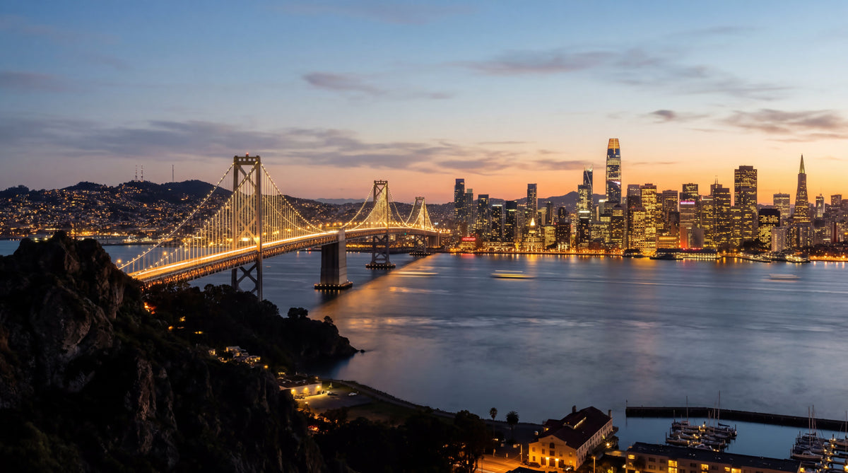 Bay Bridge Evening Majesty Wall Mural in your room — zoomed