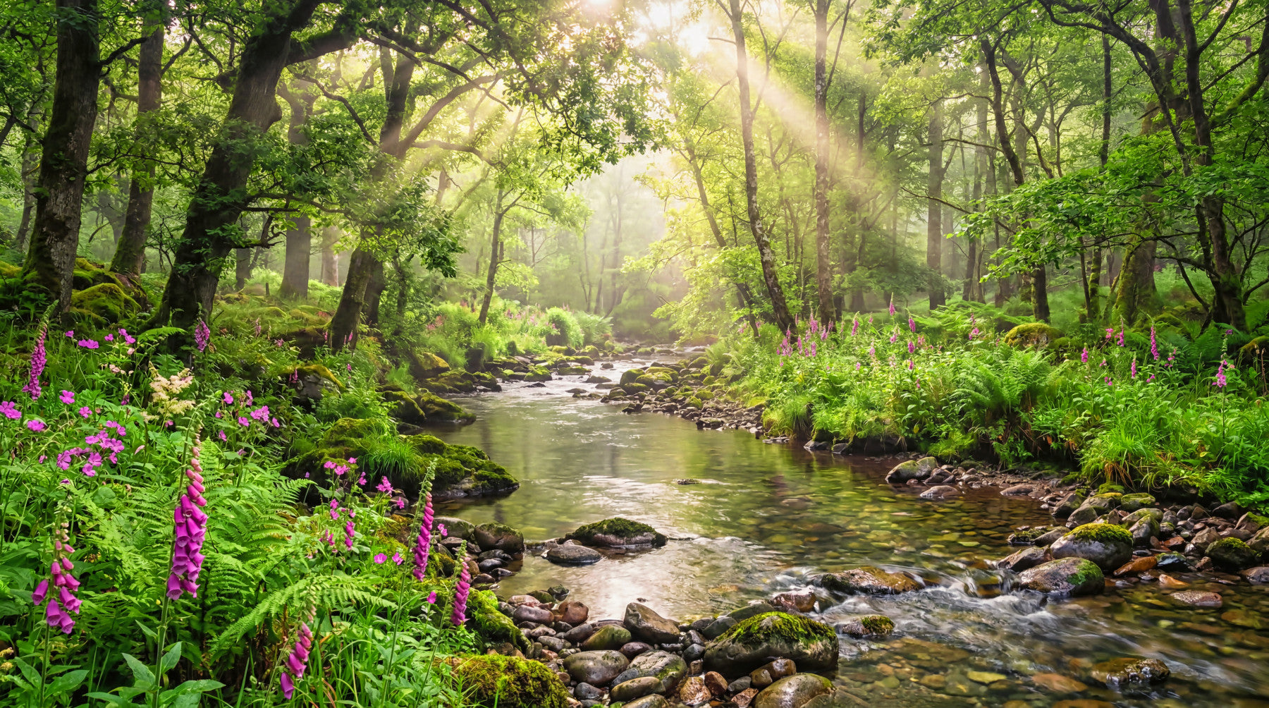 Sunlit Woodland Stream Wall Mural