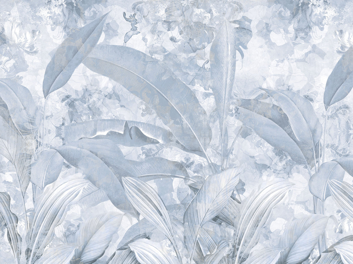 Misty Blue Tropical Palm Wall Mural in your room — zoomed