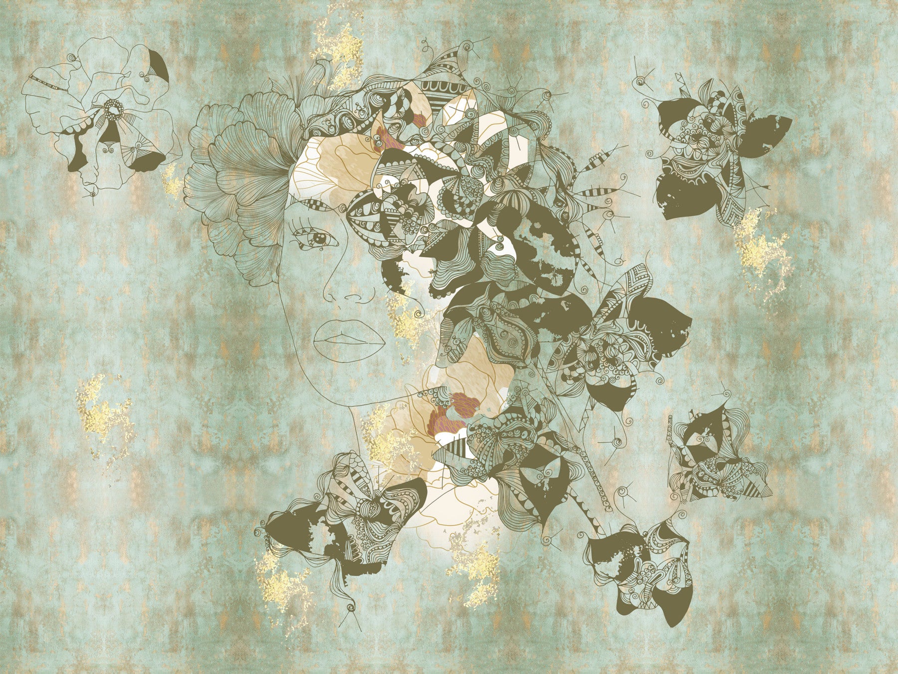 Vintage Blue Floral Woman Portrait Wall Mural