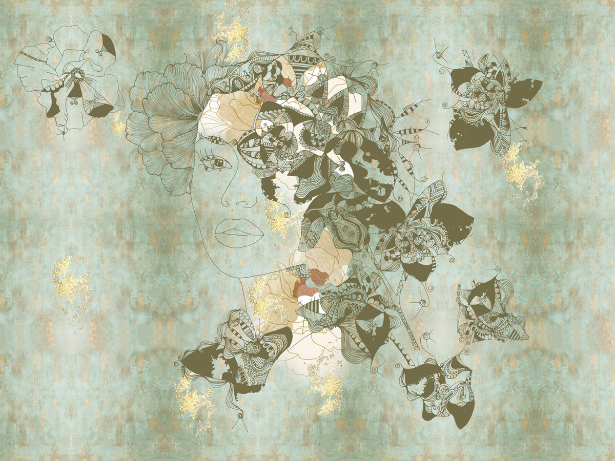 Vintage Blue Floral Woman Portrait Wall Mural in your room — zoomed