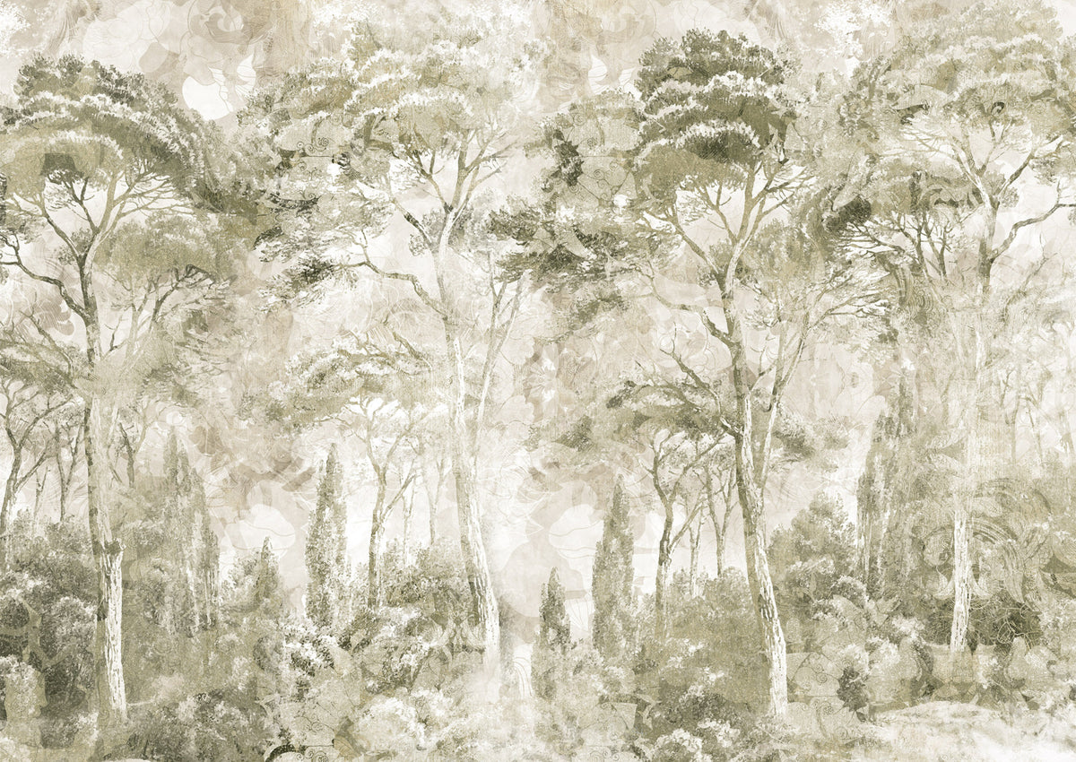 Sepia Pine Forest Landscape Wall Mural