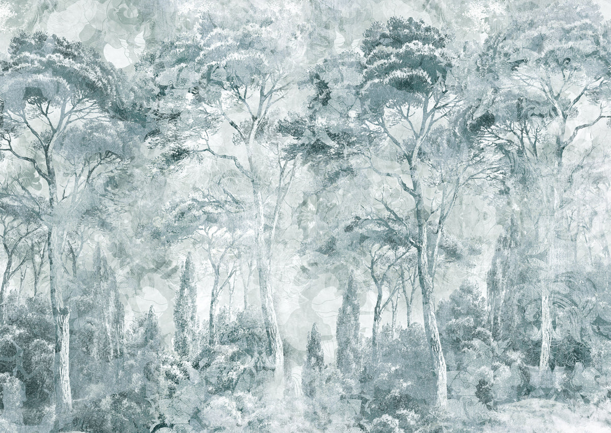 Misty Pine Forest Landscape Wall Mural in your room — zoomed