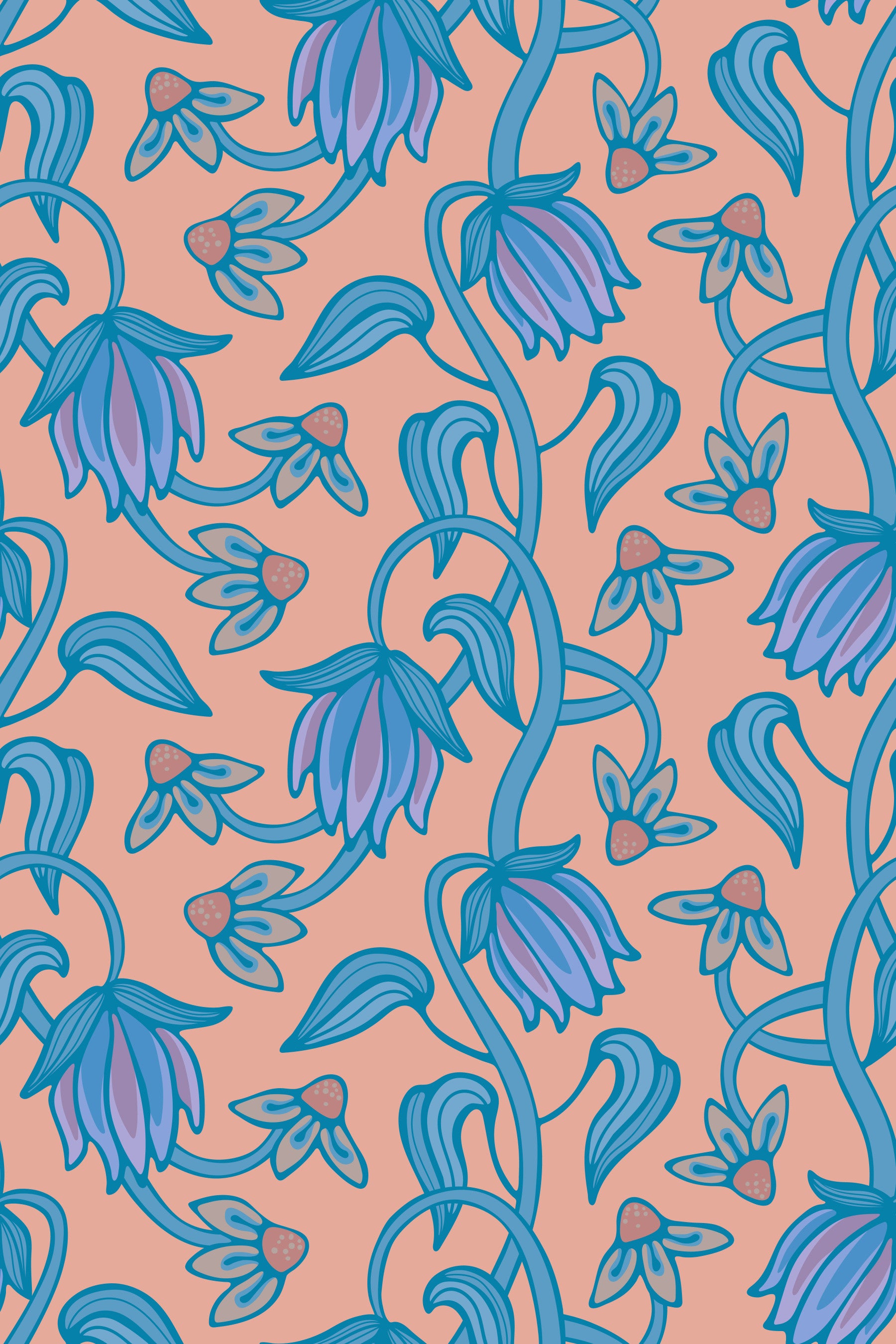 Ophelia Boho Blossoms Floral Blue Purple Blush Wallpaper⁠