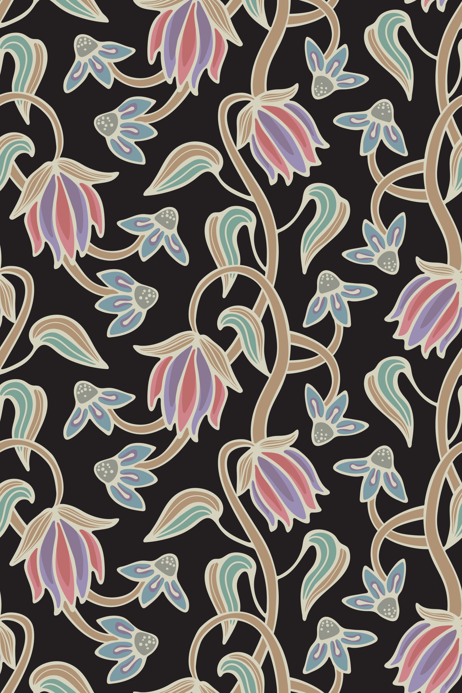 Ophelia Boho Blossoms Floral Antique Pastels on Black Wallpaper⁠