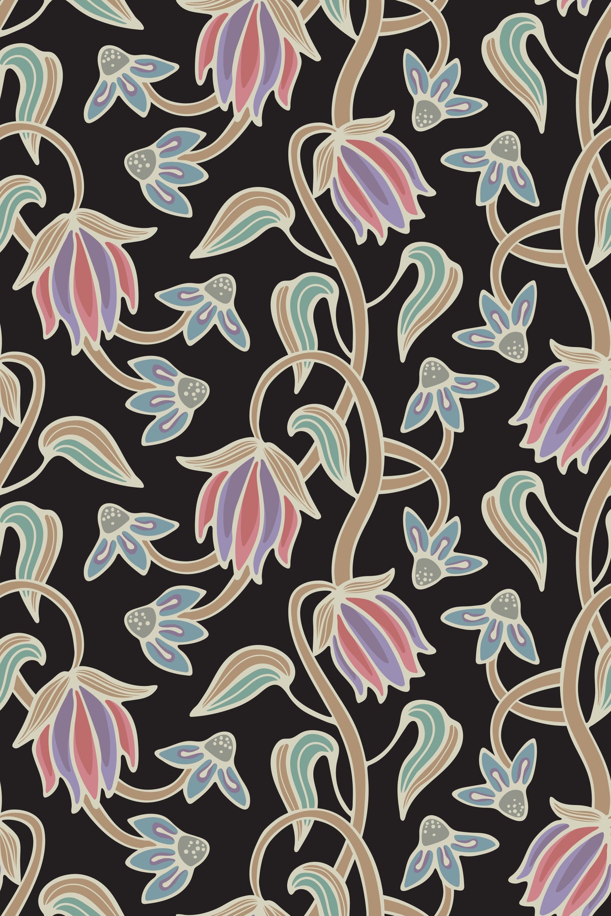 Ophelia Boho Blossoms Floral Antique Pastels on Black Wallpaper⁠ in your room — zoomed