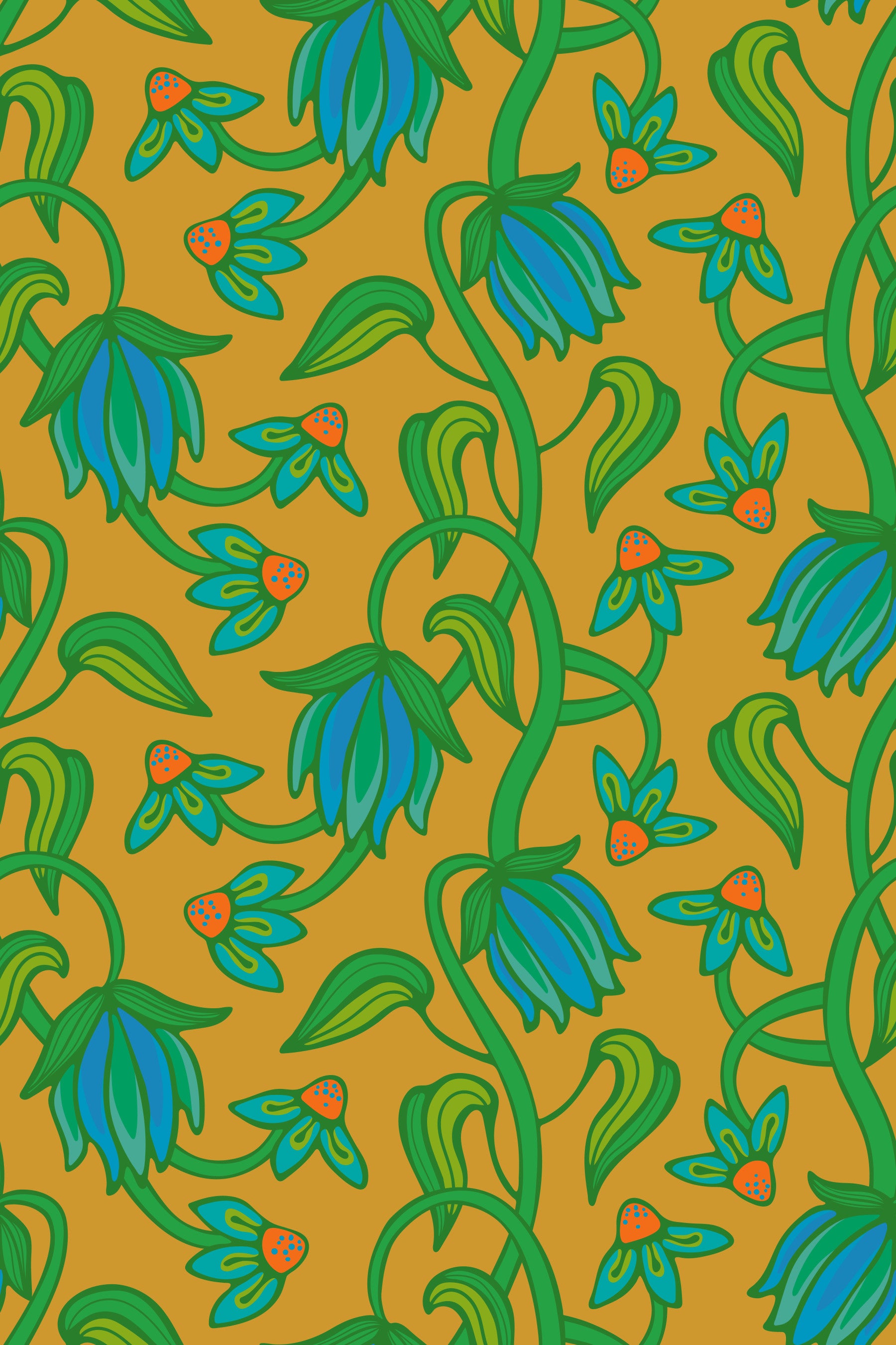 Ophelia Boho Blossoms Floral Tropical Blue Green on Mustard Yellow Wallpaper⁠