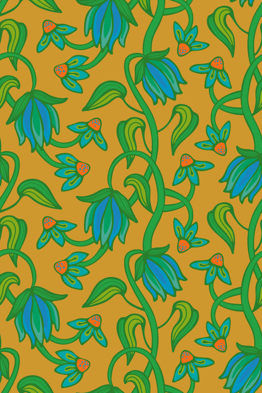 Ophelia Boho Blossoms Floral Tropical Blue Green on Mustard Yellow Wallpaper⁠