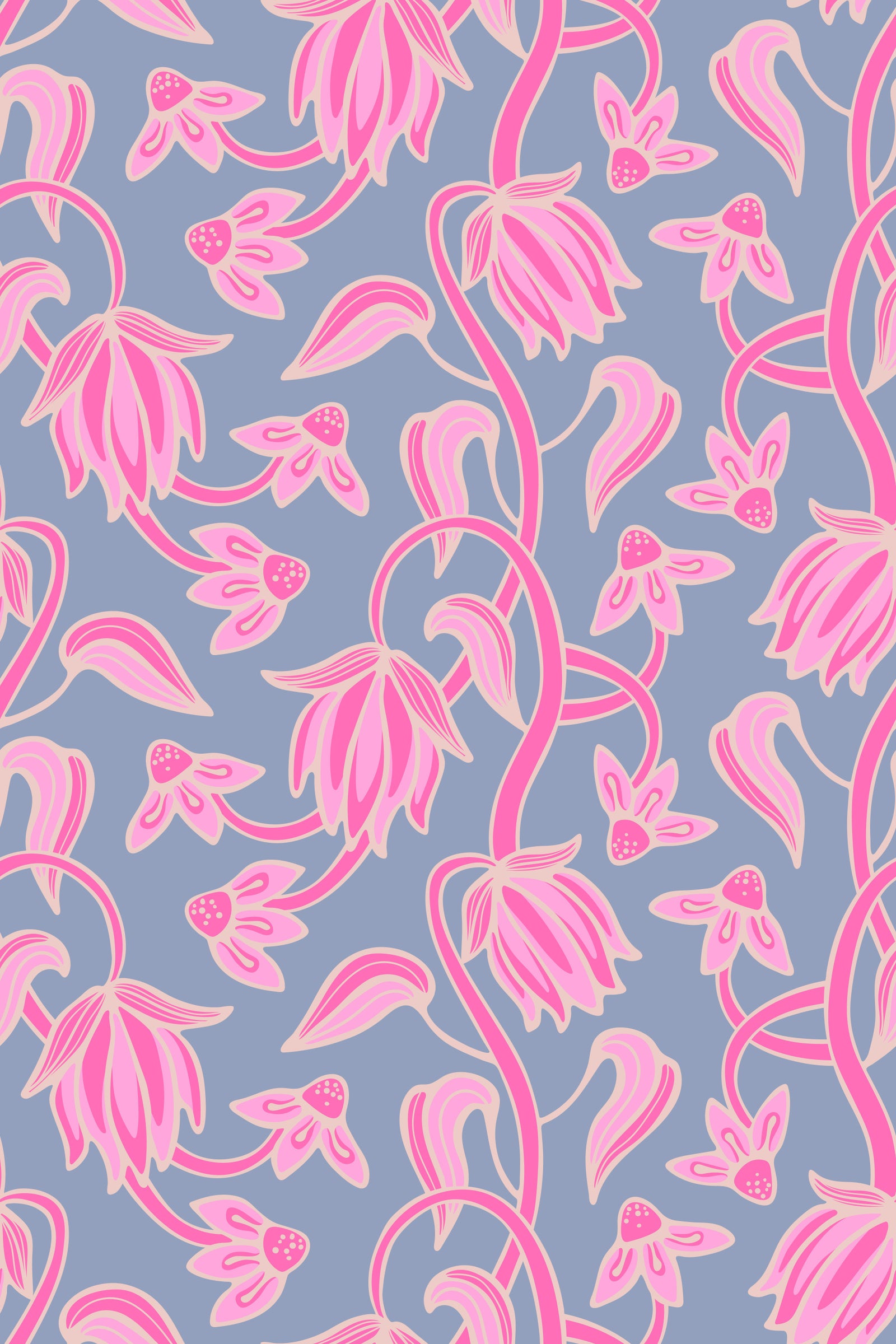 Ophelia Boho Blossoms Floral Pretty Pink on Lavender Purple Wallpaper⁠