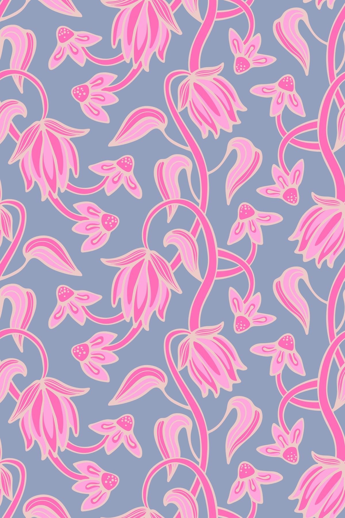 Ophelia Boho Blossoms Floral Pretty Pink on Lavender Purple Wallpaper⁠ in your room — zoomed