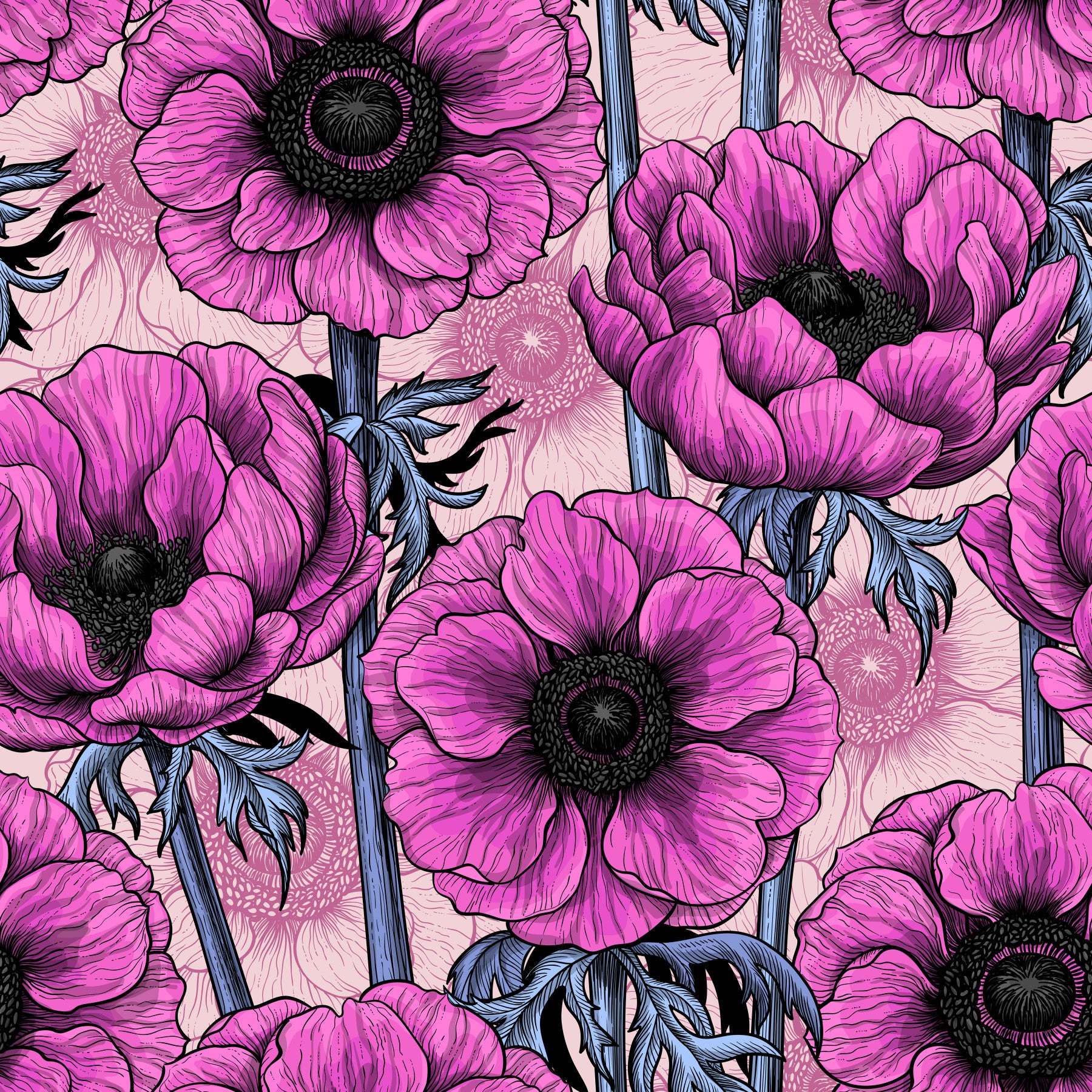 Pink anemone garden on light pink Wallpaper⁠