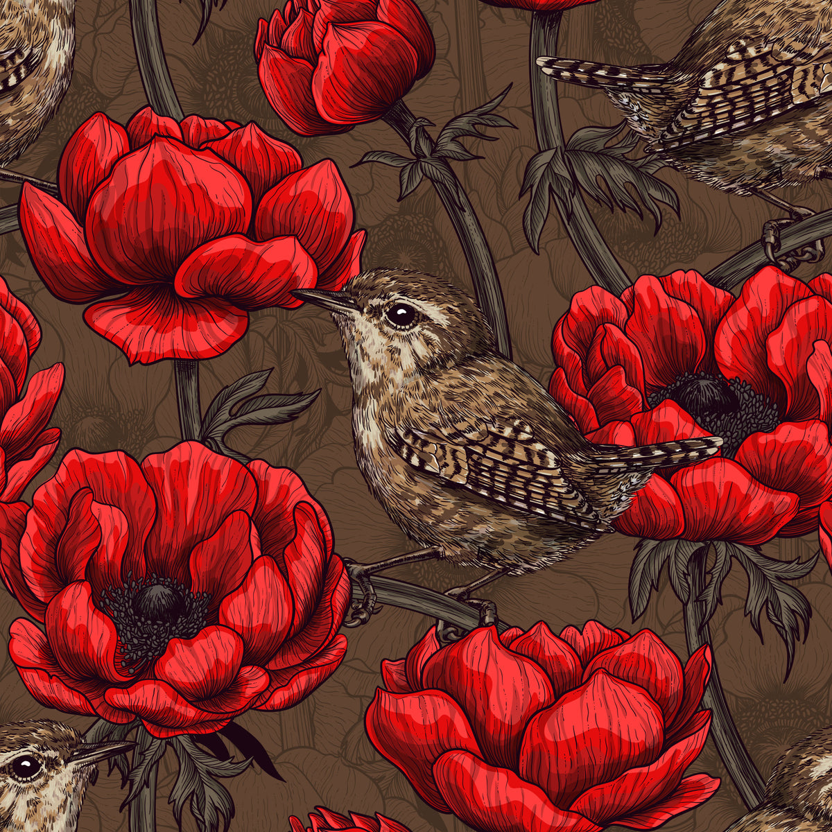 Wrens in a red anemone garden Wallpaper⁠