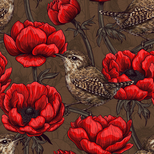 Wrens in a red anemone garden Wallpaper⁠
