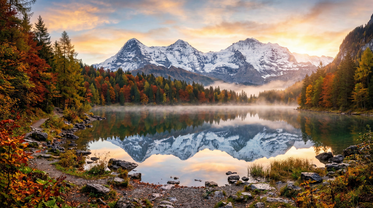 Misty Peaks: Autumn Reflections at Dawn Wall Mural in your room — zoomed
