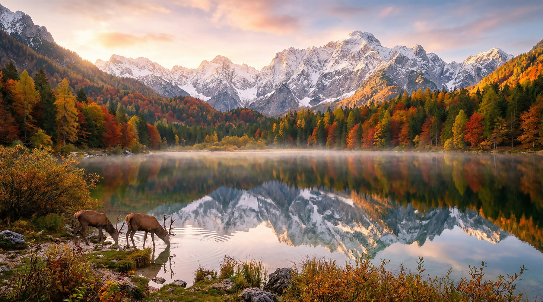 Alpine Autumn Reflection with Deer Wall Mural